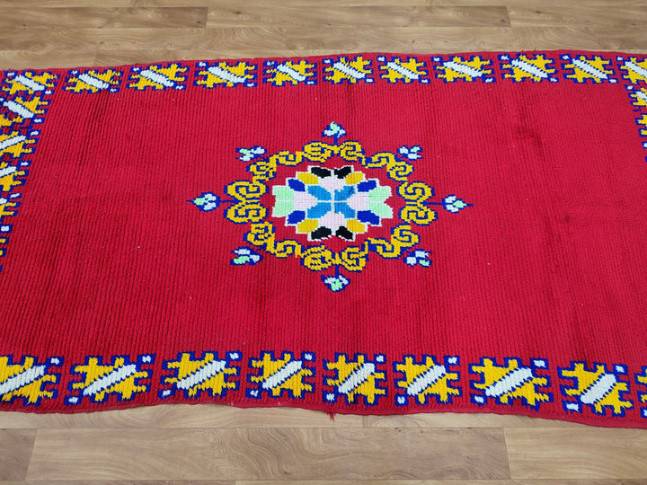 gorgeous moroccan rug,  handmade rug, tribal abstractrug, berber sheep wool rug, small red and yellow carpet, wall hanging carpet.