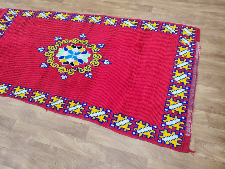 gorgeous moroccan rug,  handmade rug, tribal abstractrug, berber sheep wool rug, small red and yellow carpet, wall hanging carpet.