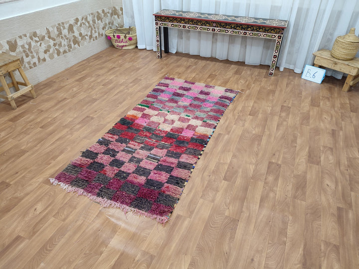 gorgeous moroccan rug,  handmade runner rug, checkered runner rug, sheep wool rug, pink and black runner rug, berber moroccan rug.