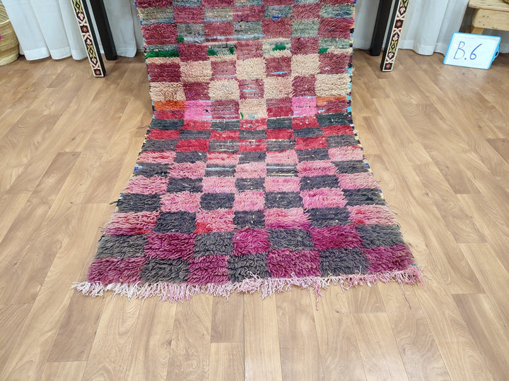 gorgeous moroccan rug,  handmade runner rug, checkered runner rug, sheep wool rug, pink and black runner rug, berber moroccan rug.