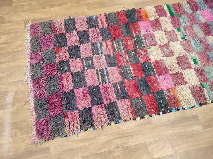 gorgeous moroccan rug,  handmade runner rug, checkered runner rug, sheep wool rug, pink and black runner rug, berber moroccan rug.