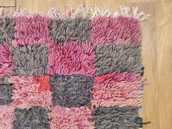 gorgeous moroccan rug,  handmade runner rug, checkered runner rug, sheep wool rug, pink and black runner rug, berber moroccan rug.