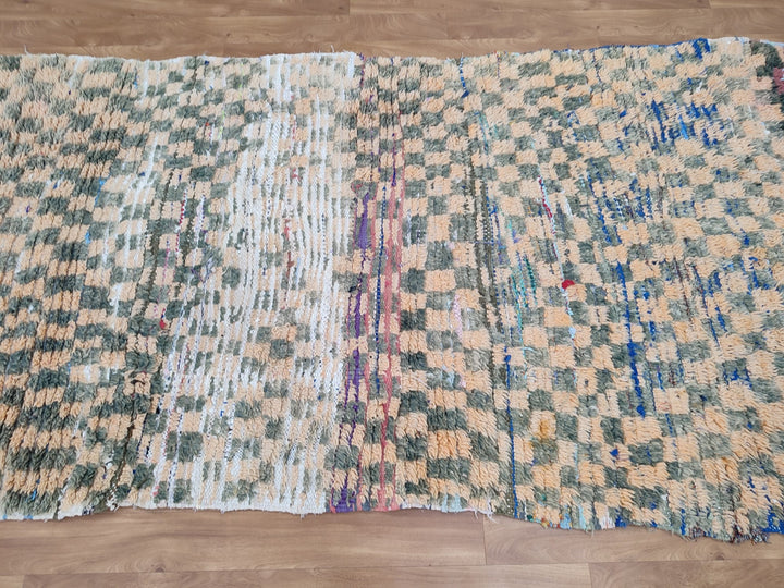 moroccan handmade rug,  berber rug, moroccan wool carpet, faded orangesea green rug, handwoven checkered rug, authentic tribal rug.