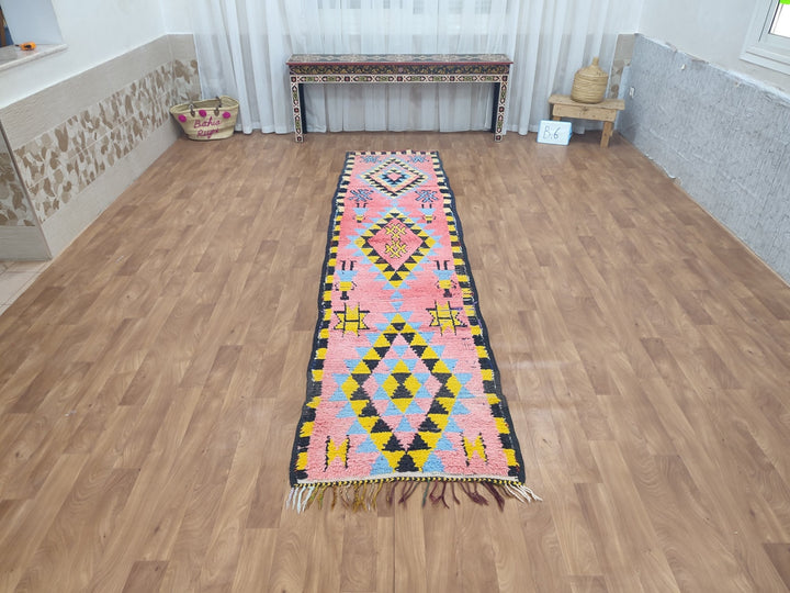 amazing berber rug, moroccan  runner rug, handmade geometric rug, pink and yellow rug, tribal berber rug, authentic sheep wool rug.