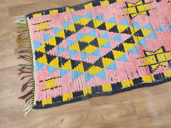 amazing berber rug, moroccan  runner rug, handmade geometric rug, pink and yellow rug, tribal berber rug, authentic sheep wool rug.