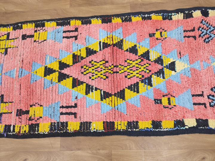 amazing berber rug, moroccan  runner rug, handmade geometric rug, pink and yellow rug, tribal berber rug, authentic sheep wool rug.