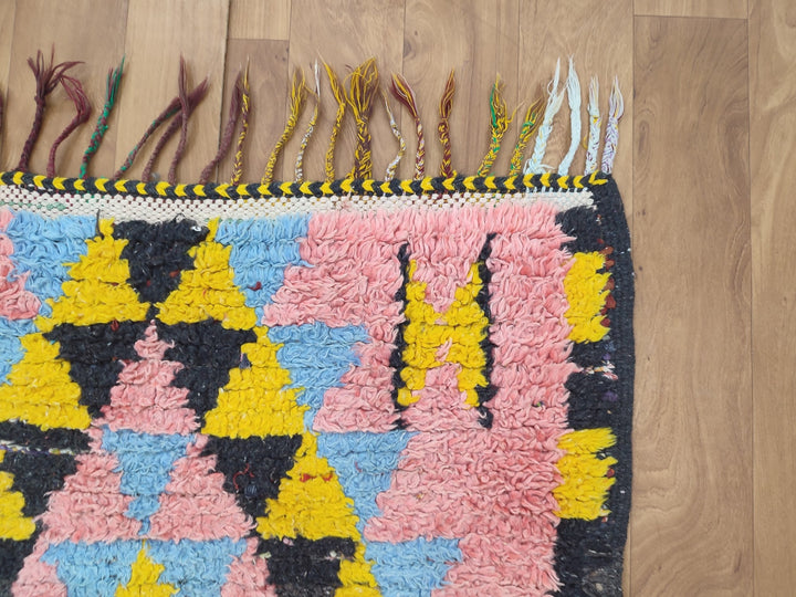 amazing berber rug, moroccan  runner rug, handmade geometric rug, pink and yellow rug, tribal berber rug, authentic sheep wool rug.