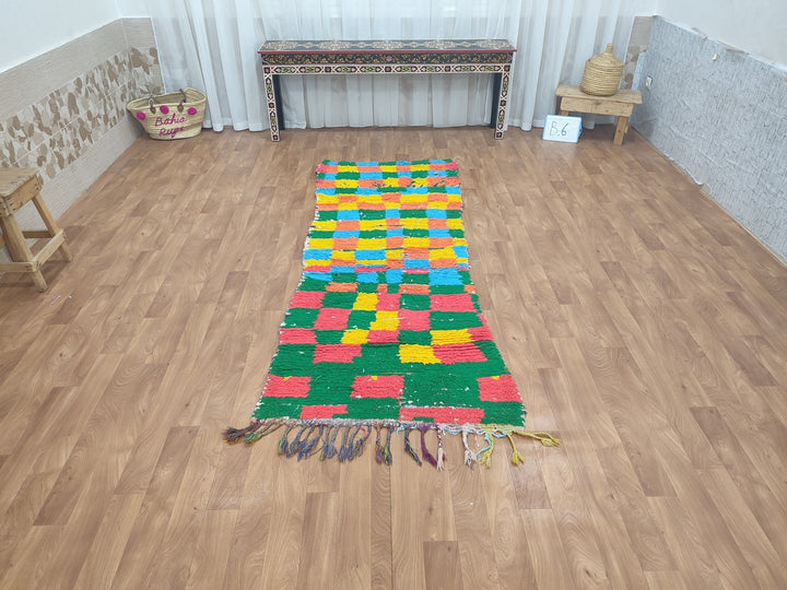 gorgeous moroccan rug, handmade wool runner rug, berber moroccan rug, checkered runner rug, tribal yelloworange rug, checker  rug.