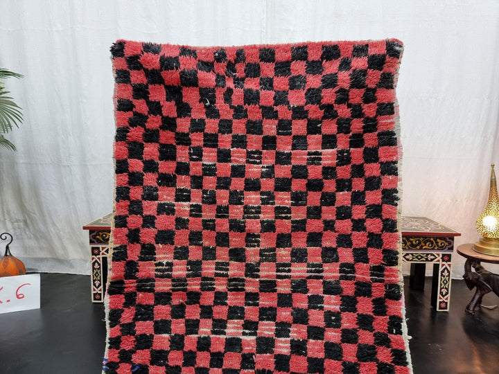 beautiful  rug, moroccan rug , berber rug, checkerboard rug, black  red  rug, tribal rug, sheep wool rug, area wool rug