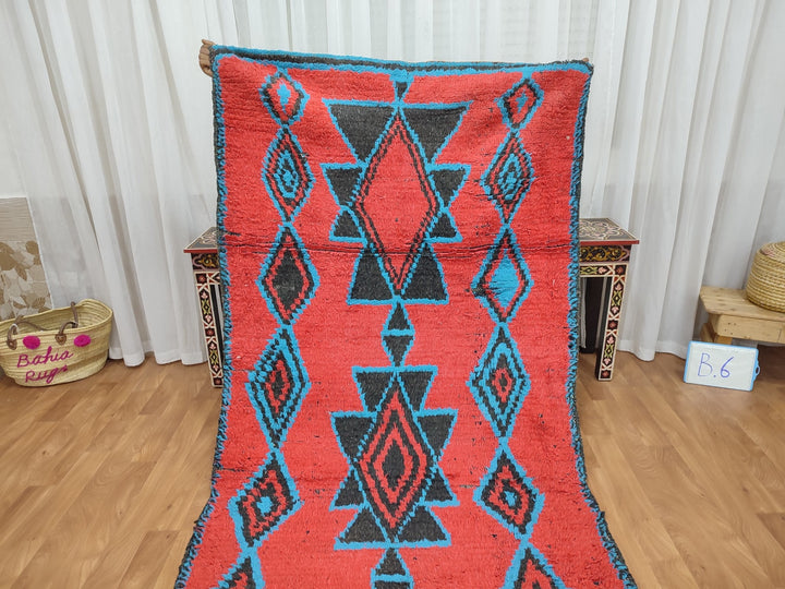 unique moroccan rug,  handmade carpet, moroccan berber runner rug, sheep wool rug, authentic red and blue rug, geometric runner rug.