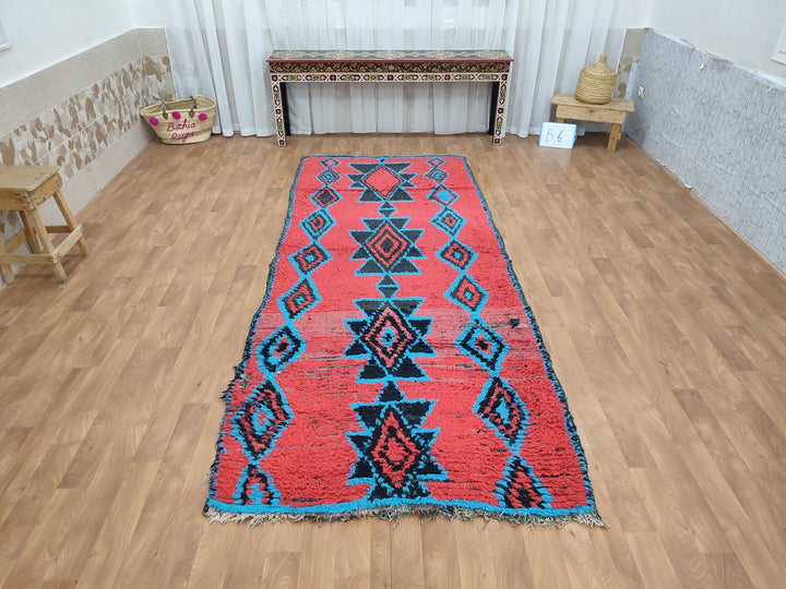 unique moroccan rug,  handmade carpet, moroccan berber runner rug, sheep wool rug, authentic red and blue rug, geometric runner rug.