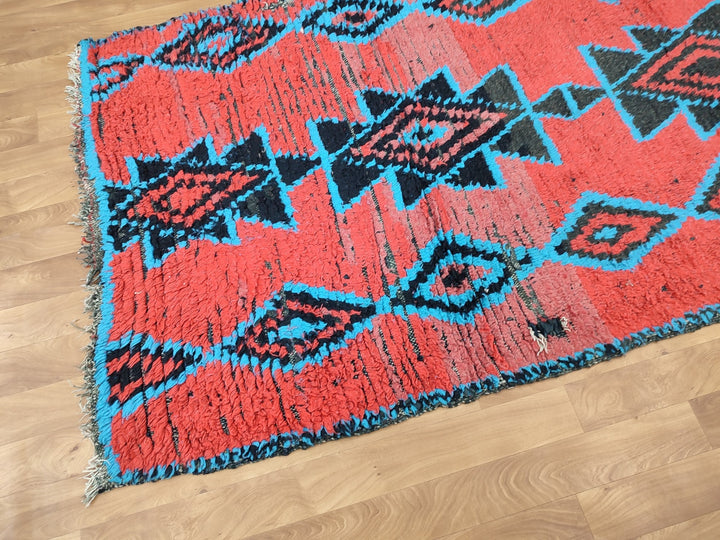 unique moroccan rug,  handmade carpet, moroccan berber runner rug, sheep wool rug, authentic red and blue rug, geometric runner rug.