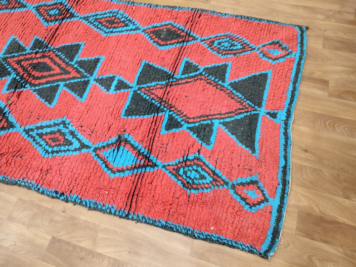 unique moroccan rug,  handmade carpet, moroccan berber runner rug, sheep wool rug, authentic red and blue rug, geometric runner rug.