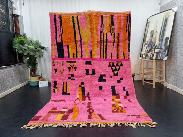 beautiful boujaad rug,  moroccan rug , berber wool rug, abstract rug, pink and yellow wool rug, handwoven wool rug, area wool rug