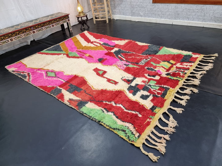 amazing boujad rug,  moroccan rug , berber rug, abstract rug, red and pink wool rug, handwovenrug, funky wool rug, area wool rug