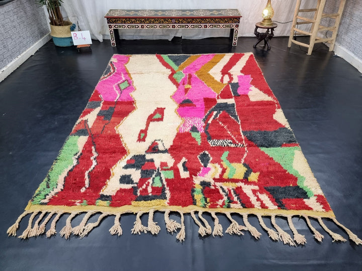 amazing boujad rug,  moroccan rug , berber rug, abstract rug, red and pink wool rug, handwovenrug, funky wool rug, area wool rug