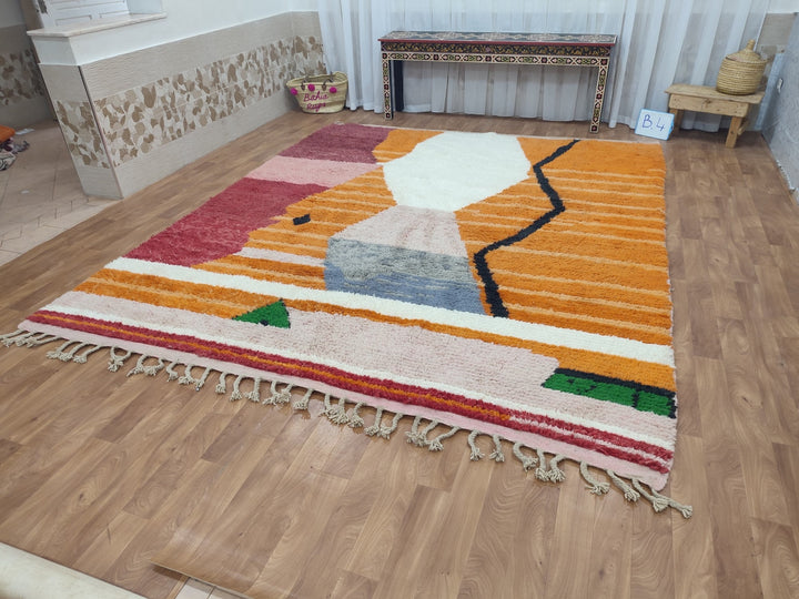 GORGEOUS BOUJAAD RUG, Moroccan Handmade Rug, Berber Abstract Carpet, Authentic Sheep Wool Rug, Orange And Pink Rug, Tribal Boujad Carpet.