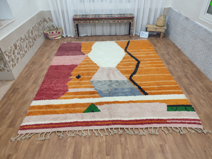 GORGEOUS BOUJAAD RUG, Moroccan Handmade Rug, Berber Abstract Carpet, Authentic Sheep Wool Rug, Orange And Pink Rug, Tribal Boujad Carpet.