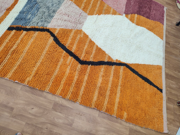 GORGEOUS BOUJAAD RUG, Moroccan Handmade Rug, Berber Abstract Carpet, Authentic Sheep Wool Rug, Orange And Pink Rug, Tribal Boujad Carpet.