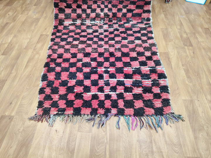  moroccan rug, handmade berber rug, authentic checkered rug, red and black rug, moroccan sheep wool rug, tribal handwoven carpet.