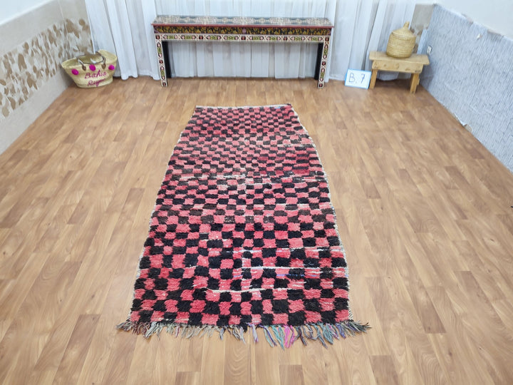  moroccan rug, handmade berber rug, authentic checkered rug, red and black rug, moroccan sheep wool rug, tribal handwoven carpet.