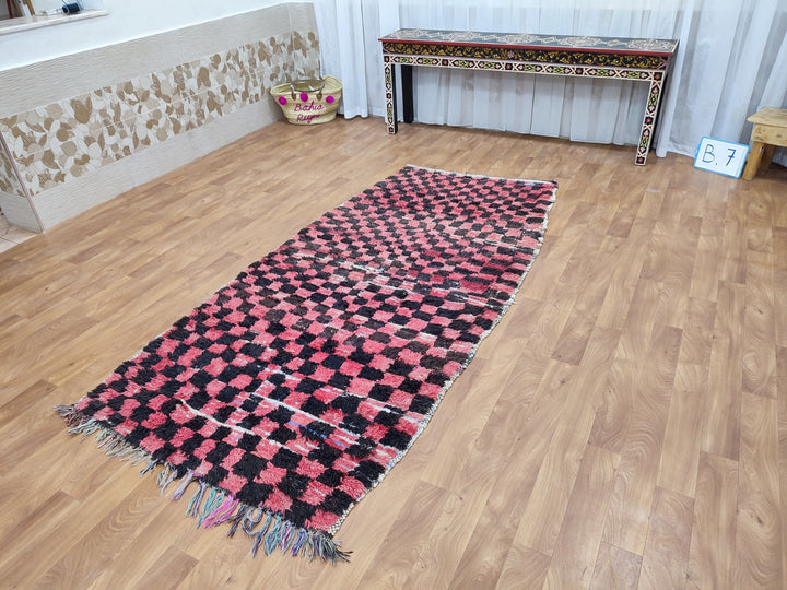  moroccan rug, handmade berber rug, authentic checkered rug, red and black rug, moroccan sheep wool rug, tribal handwoven carpet.