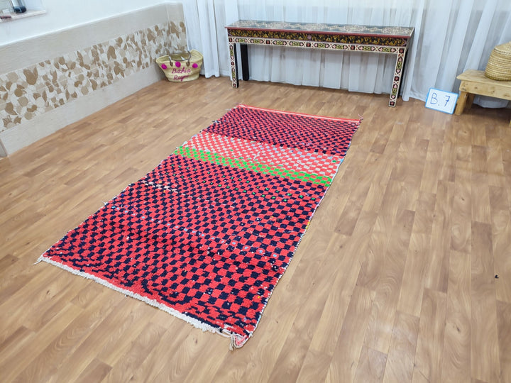 moroccan handmade rug,  berber rug, sheep wool rug, authentic red and black rug, tribal checkered rug, moroccan handwoven rug.