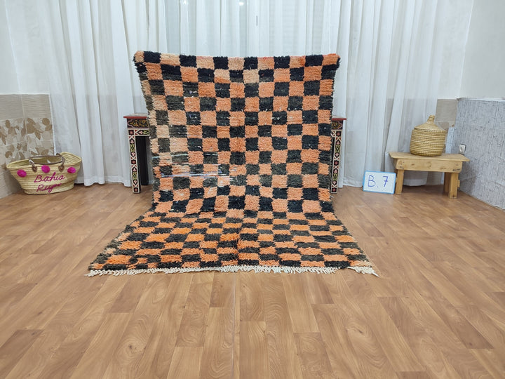 gorgeous moroccan rug,  handmade rug, tribal checkered rug, berber sheep wool rug, orange and black rug, authentic handwoven rug.