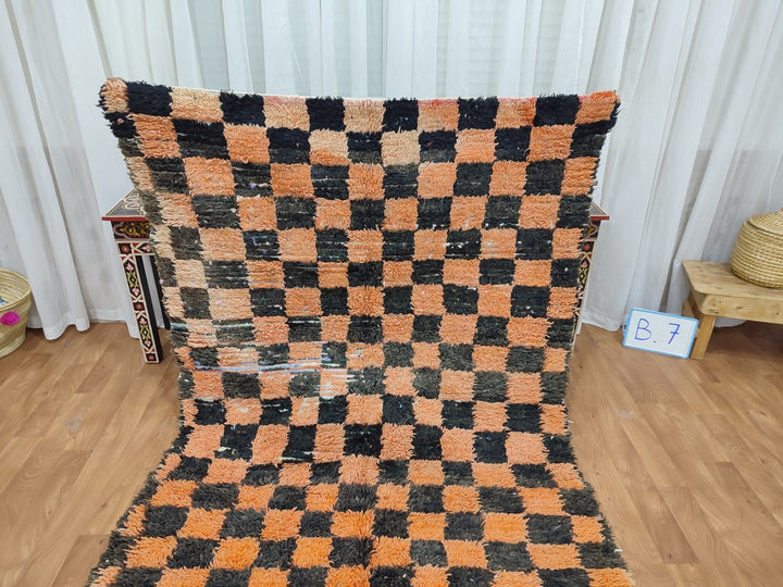 gorgeous moroccan rug,  handmade rug, tribal checkered rug, berber sheep wool rug, orange and black rug, authentic handwoven rug.