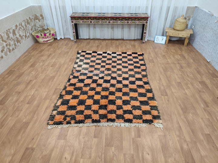 gorgeous moroccan rug,  handmade rug, tribal checkered rug, berber sheep wool rug, orange and black rug, authentic handwoven rug.