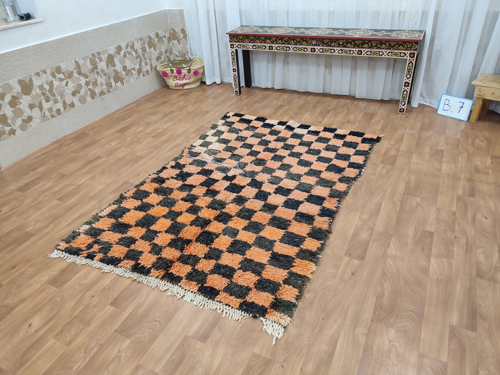 gorgeous moroccan rug,  handmade rug, tribal checkered rug, berber sheep wool rug, orange and black rug, authentic handwoven rug.