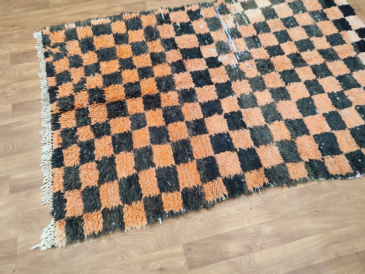 gorgeous moroccan rug,  handmade rug, tribal checkered rug, berber sheep wool rug, orange and black rug, authentic handwoven rug.