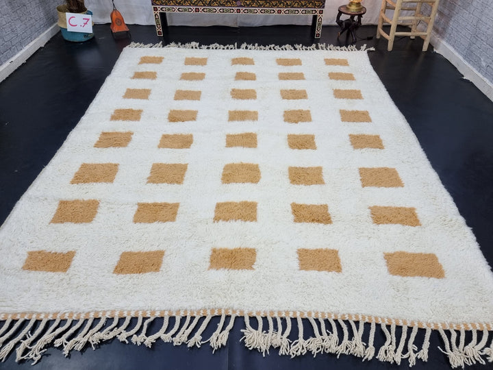 CUTE MOROCCAN RUG, Beniourain Rug , White  Orange Honey Rug, Checkered Rug, Handmade Rug, Area Rug, Handwoven Rug, Berber Rug, Wool Rug