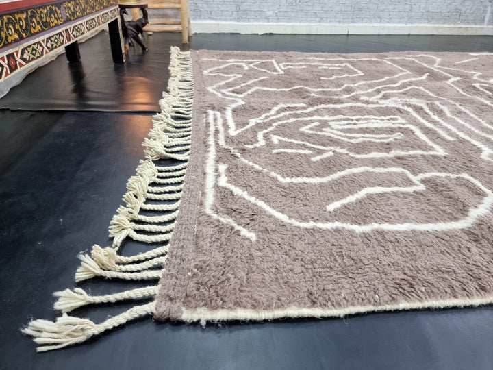 CUTE BENIOURAIN RUG, Moroccan Berber , Azilal Rug, Abstract Rug, Handmade Wool Rug, Brown  White Rug, Handwoven Rug, Sheep Wool Rug