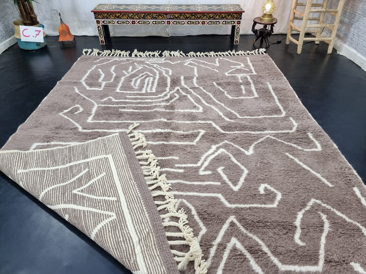 CUTE BENIOURAIN RUG, Moroccan Berber , Azilal Rug, Abstract Rug, Handmade Wool Rug, Brown  White Rug, Handwoven Rug, Sheep Wool Rug