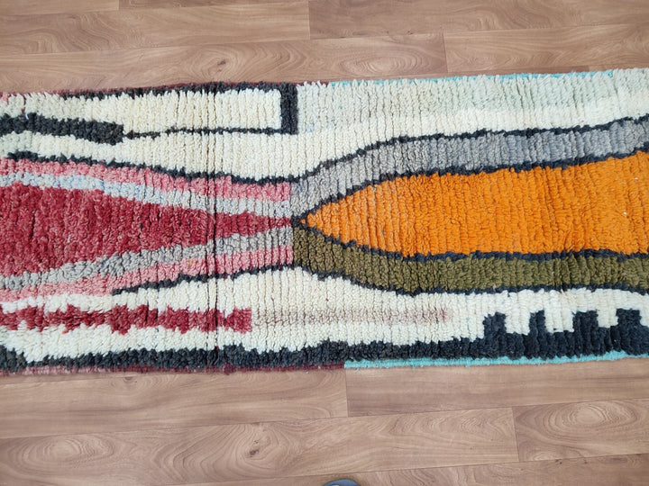 AMAZING MOROCCAN RUG, Handmade Boujaad Runner Rug, Tribal Berber Rug, OrangeGreen Runner Rug, Sheep Wool Rug, Abstract Boujad Runner Rug.