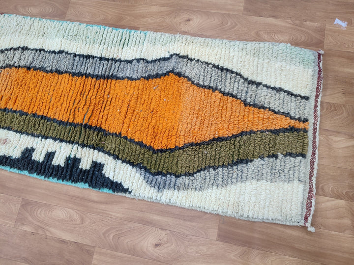 AMAZING MOROCCAN RUG, Handmade Boujaad Runner Rug, Tribal Berber Rug, OrangeGreen Runner Rug, Sheep Wool Rug, Abstract Boujad Runner Rug.