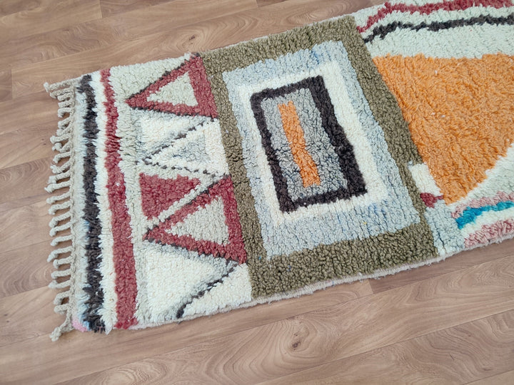 GORGEOUS MOROCCAN RUG, Handmade Runner Rug, Sheep Wool Carpet, Orange And Green Rug, Tribal Berebr Runner Rug, Abstract Boujaad Runner Rug.