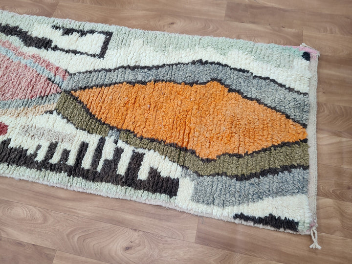 GORGEOUS MOROCCAN RUG, Handmade Runner Rug, Sheep Wool Carpet, Orange And Green Rug, Tribal Berebr Runner Rug, Abstract Boujaad Runner Rug.