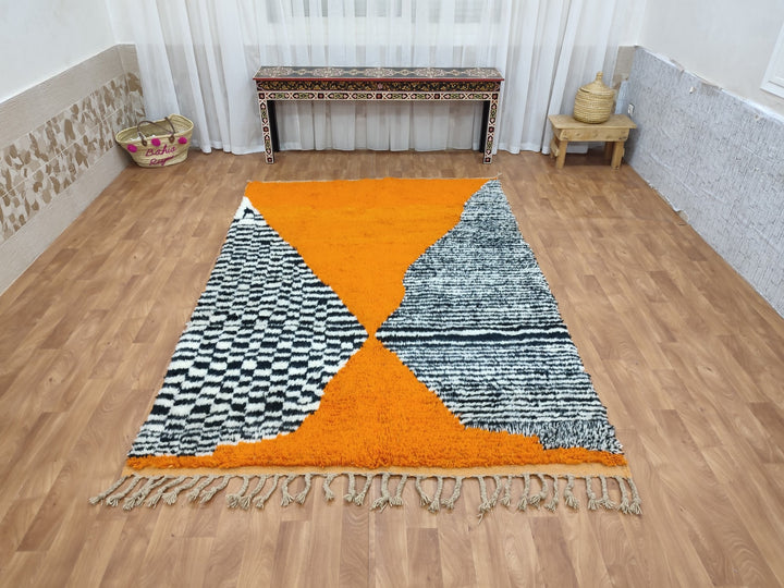 GORGEOUS BOUJAAD RUG, Moroccan Handmade Rug, Custom Sheep Wool Rug, Abstract Berber Rug, Orange And Black Carpet, Tribal Boujaad Rug.