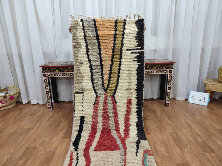 AMAZING BOUJAAD RUG, Moroccan Handmade Runner Rug, Sheep Wool Carpet, Red And Green Rug, Tribal Berebr Runner Rug, Abstract Boujaad Rug.