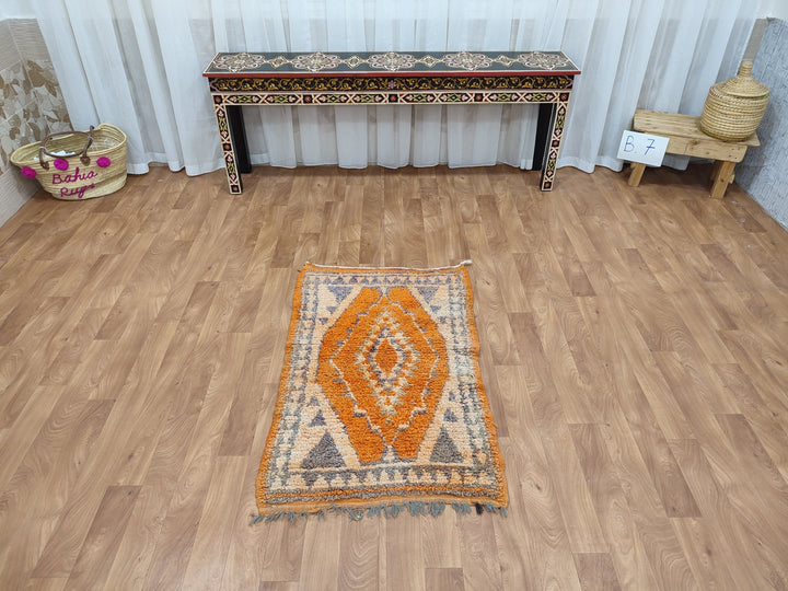 gorgeous moroccan rug,  handmade small rug, tribal geometric rug, berber sheep wool rug, orange and gray rug, wall hanging carpet.