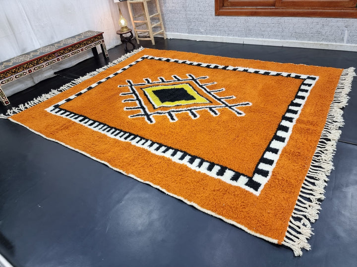 BEAUTIFUL BENIOURAIN RUG, Moroccan Rug , Sheep Wool Rug, GeometricRug, Orange Rug, Handmade Rug,Berber Rug, Handwoven Rug, Rya Rug .