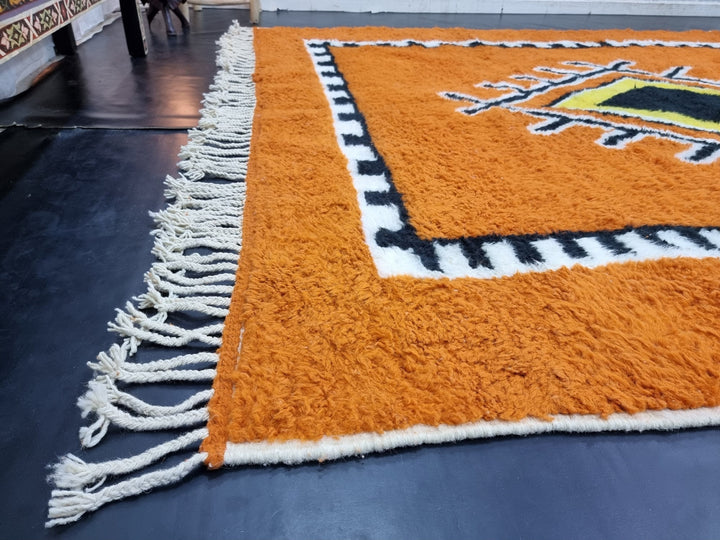 BEAUTIFUL BENIOURAIN RUG, Moroccan Rug , Sheep Wool Rug, GeometricRug, Orange Rug, Handmade Rug,Berber Rug, Handwoven Rug, Rya Rug .