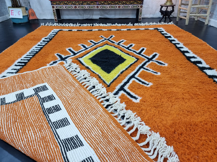 BEAUTIFUL BENIOURAIN RUG, Moroccan Rug , Sheep Wool Rug, GeometricRug, Orange Rug, Handmade Rug,Berber Rug, Handwoven Rug, Rya Rug .