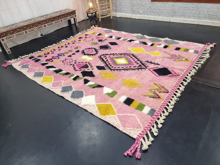 AMAZING BENIOURAIN RUG, Handmade Wool Rug, Moroccan Rug , Pink And Yellow Rug, Geometric Wool Rug, Handwoven Rug, Berber Rug, Area Rug.