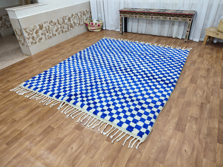 Custom checkered RUG, Moroccan Handmade Rug, Authentic Checkered Carpet, Blue And White Rug, Tribal Berber Rug, Sheep Wool Rug, Beni Rug.