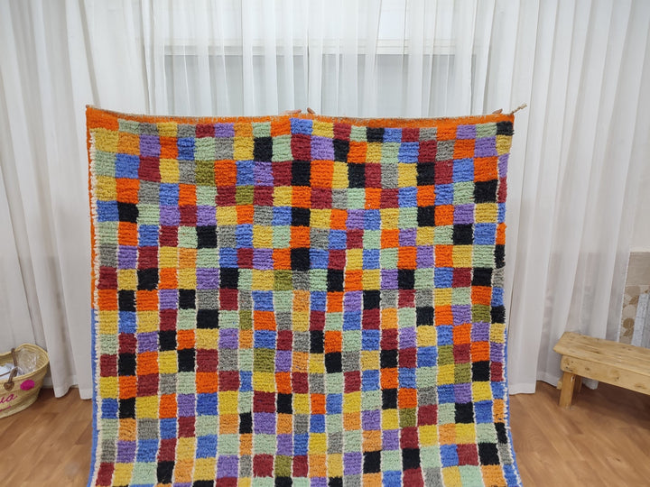 GORGEOUS CUSTOM RUG, Moroccan Boujaad Rug, Handmade Sheep Wool Rug, Checkered Berber Rug, Orange And Purple Carpet, Tribal Boujaad Rug.