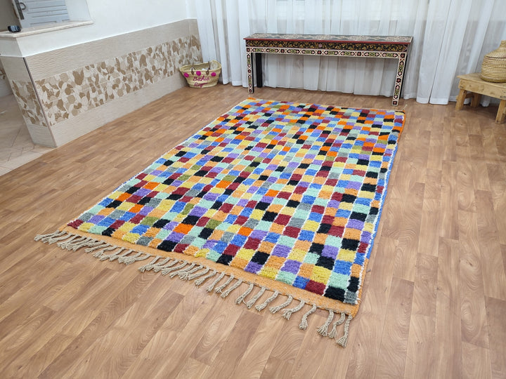 GORGEOUS CUSTOM RUG, Moroccan Boujaad Rug, Handmade Sheep Wool Rug, Checkered Berber Rug, Orange And Purple Carpet, Tribal Boujaad Rug.