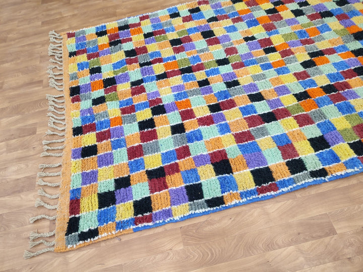 GORGEOUS CUSTOM RUG, Moroccan Boujaad Rug, Handmade Sheep Wool Rug, Checkered Berber Rug, Orange And Purple Carpet, Tribal Boujaad Rug.